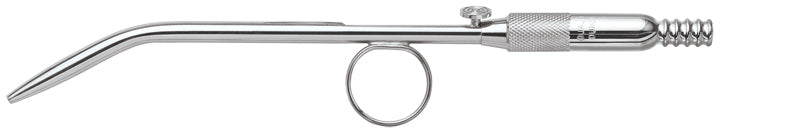 No-Clog Surgical aspirator with built- in stylet. Extended tail fits standard surgical tubing