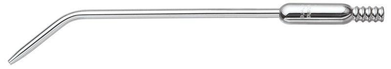Surgical aspirator made of 3/16" diameter stainless steel. Extended tail fits standard surgical tubing.